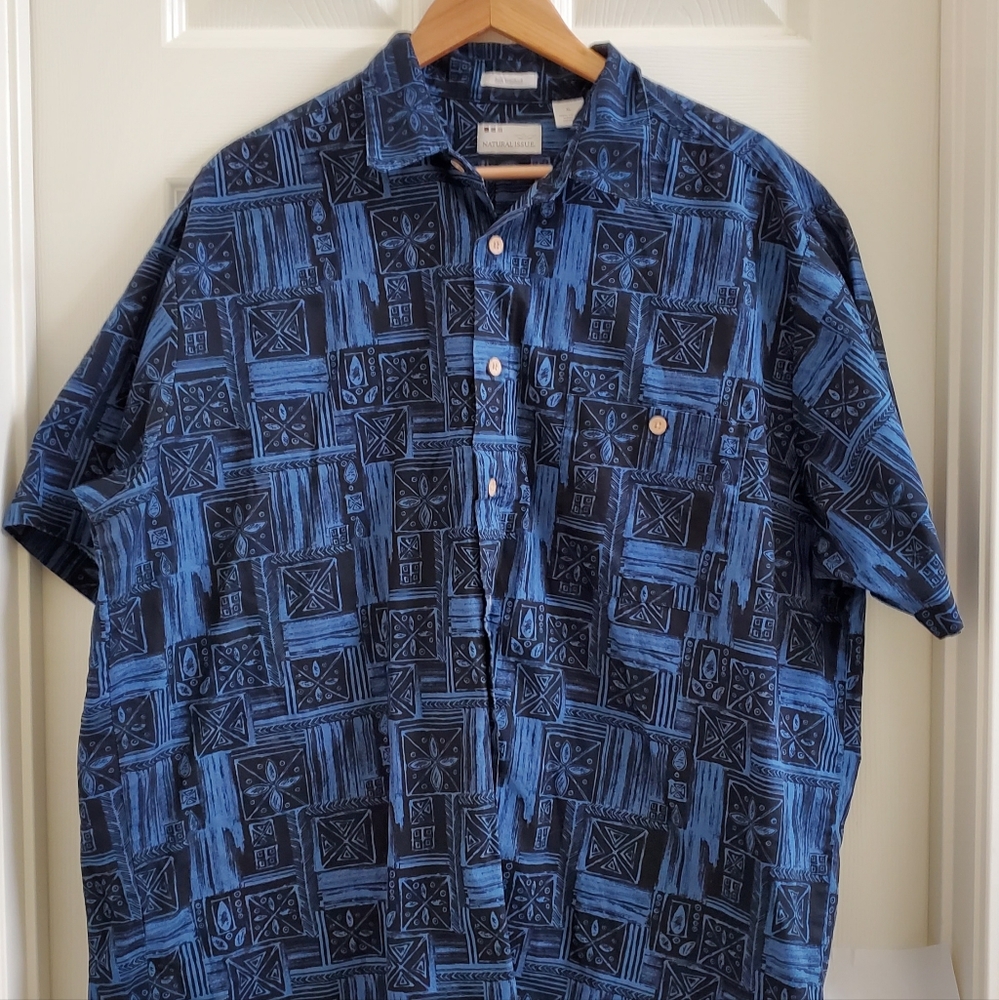Natural Issue Hawaiian Sof Wash Blue Geometric Pattern Button Down Shirt Sz XL